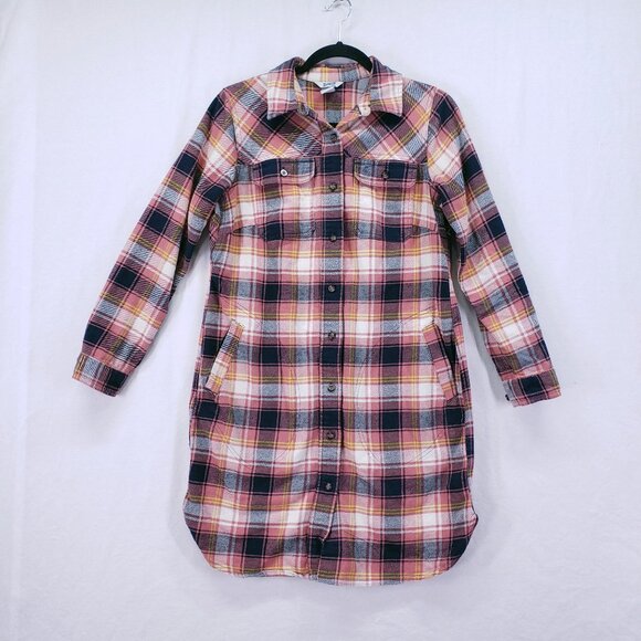 Duluth Trading Co Pink Folklore Flannel Duster Dress Plaid Button Up Size XS - Picture 1 of 16